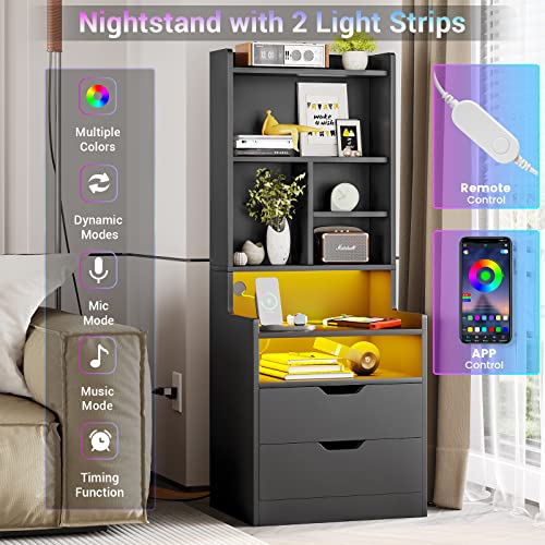 Bthfst Tall Nightstand With Led Lights And Charging Station, Led Black Nightstand With Shelves And 2 Drawers, Bedside Table With Bookshelf, Tall Side Table End Table With Charging Station & Storage #TOP2