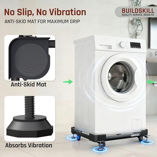 Image of BUILDSKILL Full Metal Washing Machine Stand | 360 Rotating Wheels | Anti-skid Rubber Pads | Compatible with Front & Top Load 7kg-10kg, Refrigerators, Dishwashers, Room Coolers | 160Kg Load Capacity