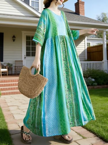 Image of Women Summer Dress with Pockets Plus Size Boho Floral Print Round Neck Loose Casual Flowy Dress