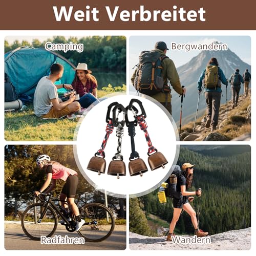 Tarqite 4 Stück Bärenglocke Set, Anti Bär Glocken mit Karabiner, Metall Kuhglocke, Bärenglocke Wandern, Vintage Lautstark Outdoor Glocken für Camping, Wandern, Rucksack, Haustiere(Farbe Zufällig)