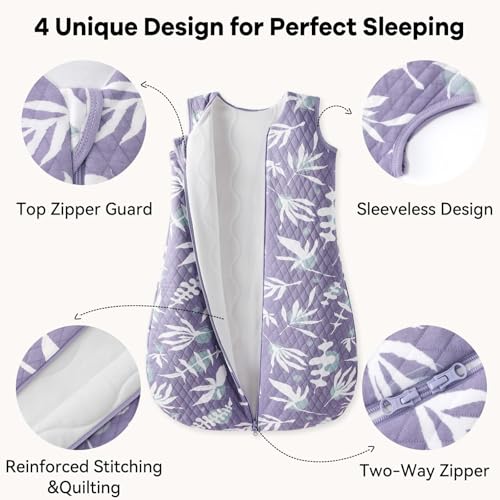 Image of Baby Sleep Sack 6-12 Months 1.5 Tog Baby Wearable Blanket 100% Cotton Fabric Warm Sleeping sack with 2-Way Zipper Quilted for Infant Newborn Tog Purple Leaves