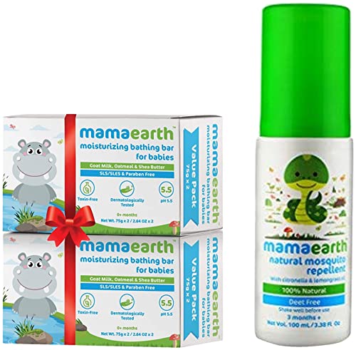 Image of Mamaearth Moisturizing Bathing Soap Bar for Babies - Pack of 4 & Mamaearth Natural Insect Repellent for Babies (100 ml, 0-5 Yrs), Pack of 1