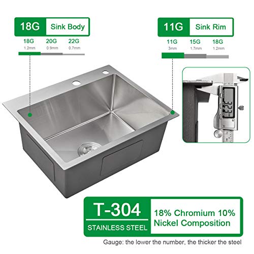 Ougoo 25 X 18 Inch Drop-In Tight Radius 18 Gauge Stainless Steel Topmount Kitchen Sink Single Bowl #TOP2