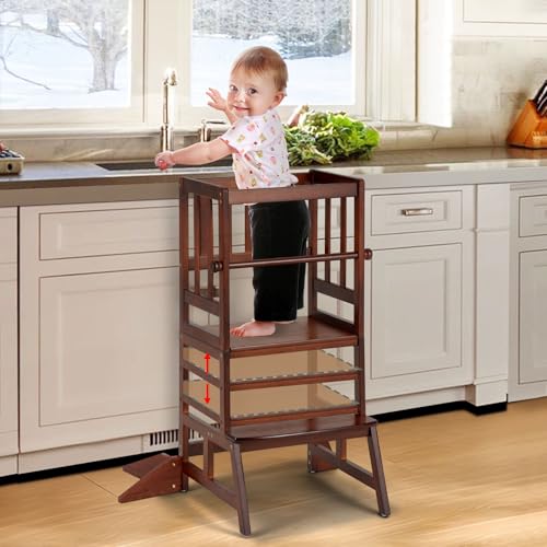 Image of COSYLAND Toddler Standing Tower - Adjustable Height Toddler Kitchen Stool Helper - Kids Kitchen Step Stool for Learning with Removable Safety Railing Brown