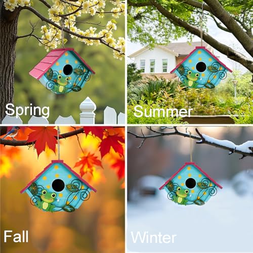 Wood Bird House for Outside with Frog Decor, Decorative Bird Houses Hanging Outdoor Garden Patio Yard Hand-Painted Nesting Box Birdhouse for Bluebird Finch Wren Sparrow Chickadee Cardinals