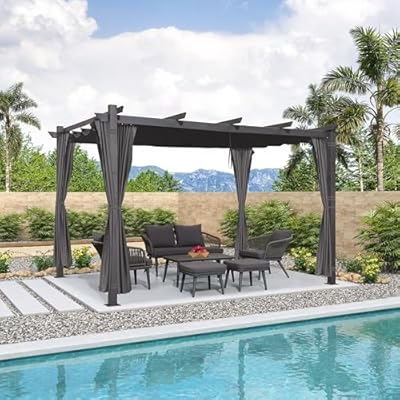 PURPLE LEAF 10' X 13' Outdoor Pergola with 4-Sided Curtains Retractable Canopy Patio Aluminum Sun Shade for Garden Deck Porch Gazebo Pavilion Grill Modern Yard Grape Trellis Pergola Gray