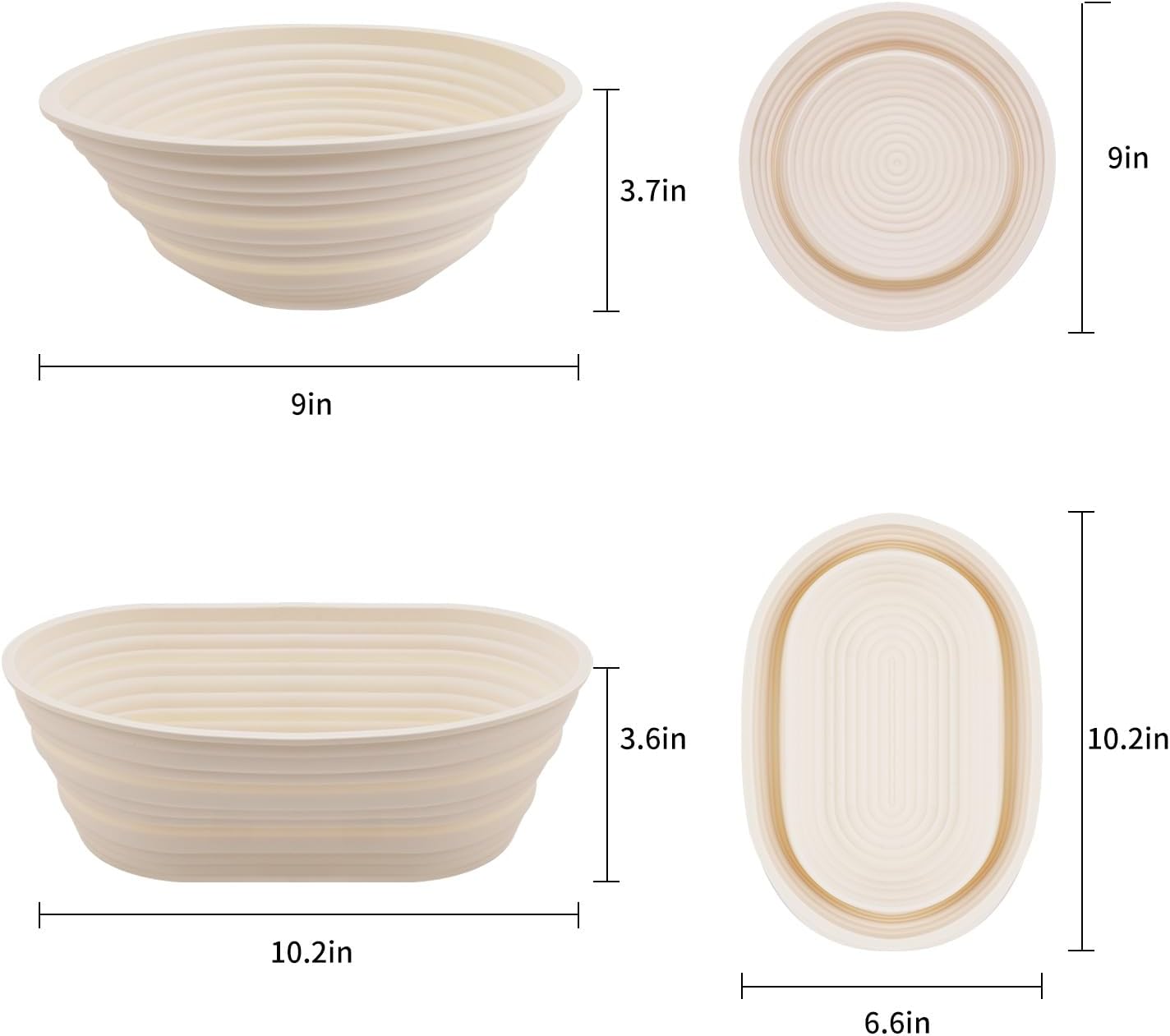 2Pcs Silicone Banneton Bread Proofing Baskets, 10" Oval & 9" Round Foldable Non-Stick Dough Proofing Bowl Containers-BPA Free, Optimum Sourdough Bread Baking Supplies(Beige) - Image 3