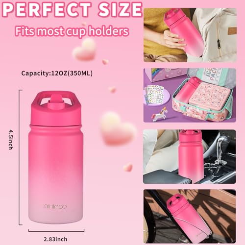 Botella de agua para niños con popote Mininoo termo aislado de 12 oz para niñas y niños 6