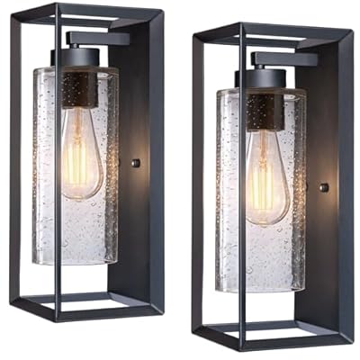 AMUMO Outdoor Wall Light Fixture 14 Inch, Black Exterior Wall Sconce with Clear Seeded Glass, E26 Base, Weather Resistant Metal Porch & Garage Light 2 Pack
