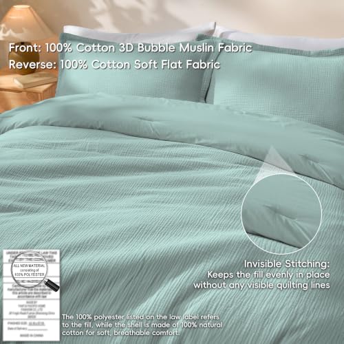 Image of David's Home Cotton Muslin Comforter Set Twin Size, 100% Cotton Cover Ultra-Soft Breathable Skin-Friendly for Spring Summer, 2PCS Linen Like Gauze Bedding Set with Polyester Filling, Teal Blue