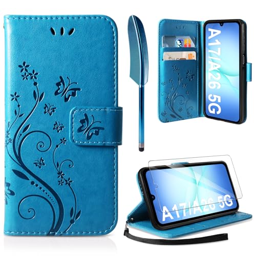 AROYI Lederhülle Kompatibel mit Samsung Galaxy A17 5G/A26 5G Hülle und Schutzfolie Flip Wallet Handyhülle PU Leder Case Schutzhülle Kompatibel mit Samsung Galaxy A17 5G/A26 5G Blau