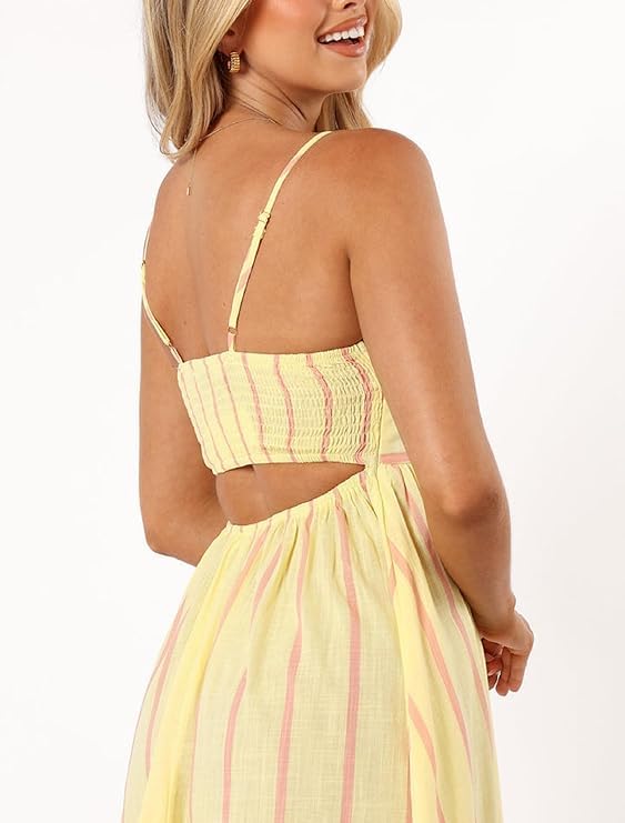 Image of KMBANGI Women Striped Sleeveless Maxi Dress Swing Patchwork Midi Dress Smocked Spaghetti Strap Colorful Long Sundress