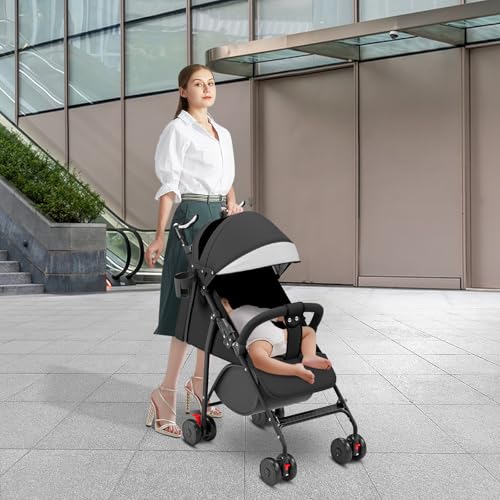 OHMG Reisebuggy flugzeug handgepäck,Kinderkraft Kinderwagen,Leichte Reise Buggy,Liegeposition, Kleine Maße nach Zusammenklappen,Vergrößerbares Verdeck,Für Geburt, bis 22 kg (A-Schwarz)