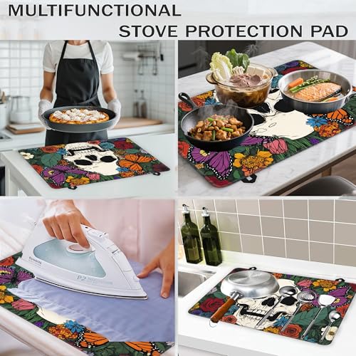 Image of Stove Top Covers for Electric Stove,Halloween Skull Flat Top Stove Cover,Colorful Butterfly Flowers Heat Resistant Glass Top Stove Cover Protector Anti-Slip Range Covers, 28 x 20 Inch