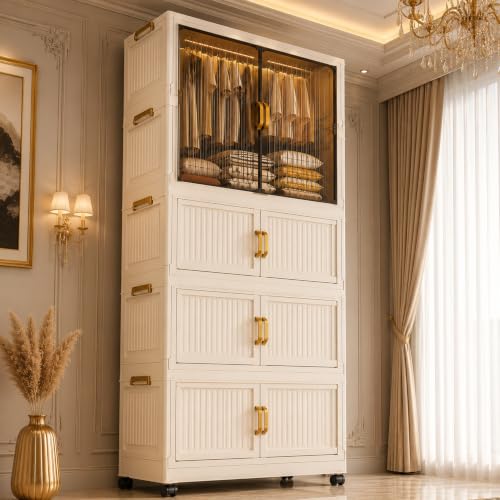 Image of AYSIS Plastic Wardrobe for Clothes | ๐ ๐๐๐๐๐ Foldable Storage Cabinet with Hanging Space, Transparent Magnetic Doors, Dustproof Portable Closet Organizer for Clothes /Kitchen /Books /Toy - White