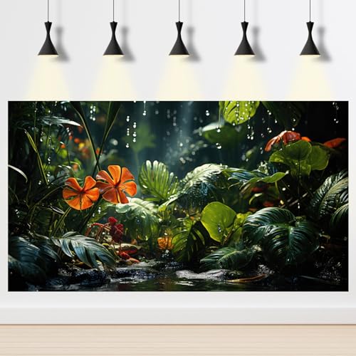 Image of Raining Jungle Leaves Aquarium Background Green Palm Leaf Fish Tank Background Tropical Leaf Nature Landscape Reptile Tank Backgrounds Foggy Misty Rainforest Reptile Enclosure Backgrounds 72x24in