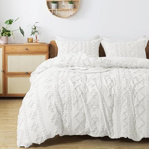 HYLEORY Boho Duvet Cover Queen Size Breathable Tufted Duvet Cover Set for All Seasons, 3 Pieces Bedding Duvet Cover with Zipper Closure, 1 Duvet Cover (90"x90") and 2 Pillow Shams, NO Comforter, White Cover