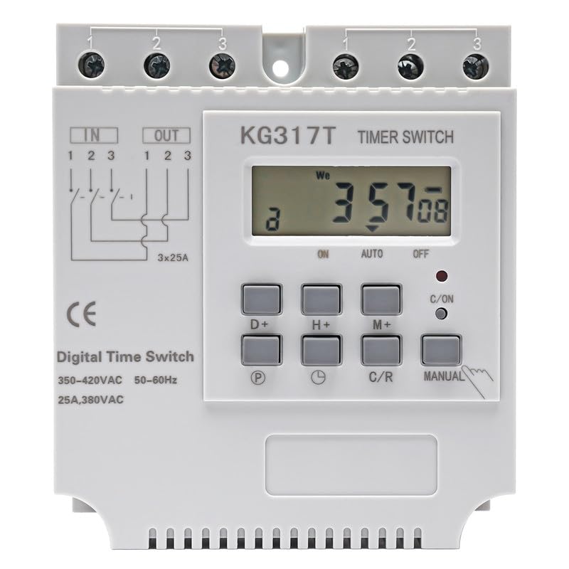 Timer digitale con display LCD, 30 programmi giornalieri, interruzione di corrente, montaggio a parete/binario, timer 1s – 168h, 25 A 4000 W per luci e dispositivi