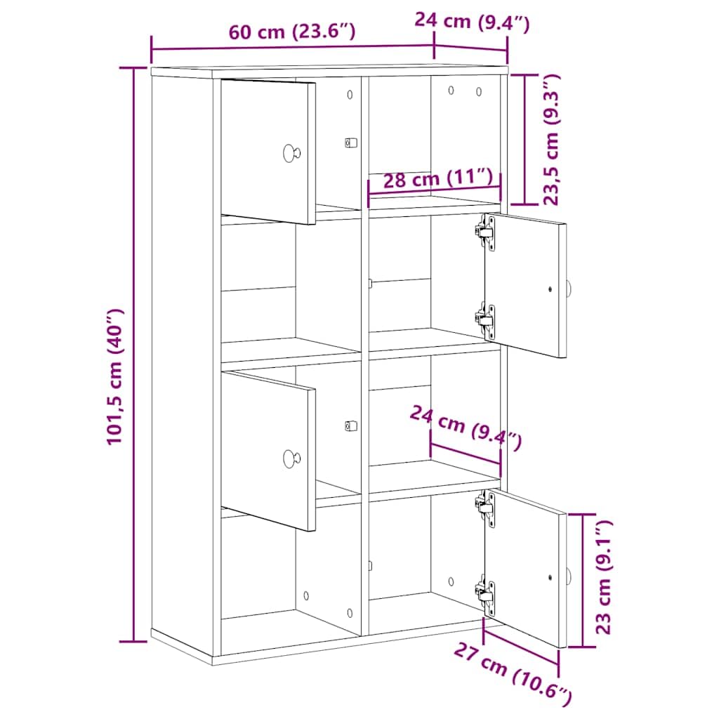 Libreria grigio cemento, 60 x 24 x 101,5 cm, in legno con porta e vano portaoggetti, ideale per soggiorno, studio o biblioteca, per raccoglitori, documenti e decorazioni