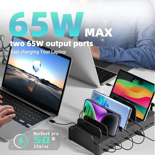 Image of 420W Charging Station for Multiple Devices, Zobirez 10-Port USB C Fast Charger Stations for MacBook, iPhone, Android Cell Phone, iPad, Tablet, Family Multi-Device Organizer Charging Dock, Black