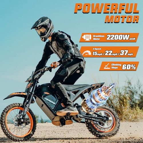 Image of Windone RM7 Electric Dirt Bike for Teens & Adults, 48V 22.5Ah, 37MPH & 45-Mile Electric Motorcycle, 2200W Ebike, 14 inch /12 inch Off-Road Tire E-Bike, Dual Hydraulic Brakes, Full Suspension, Fit Age 13+