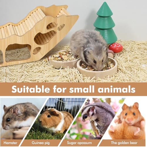 PRITOK Wooden Hamster Tunnel: Hamster Hideout House with Climbing Ladder - Multi-Entrance Maze Design & Peep Holes for Syrian Dwarf Hamsters, Gerbils, Mice, 32cm Small Animal Habitat Decor - Image 6