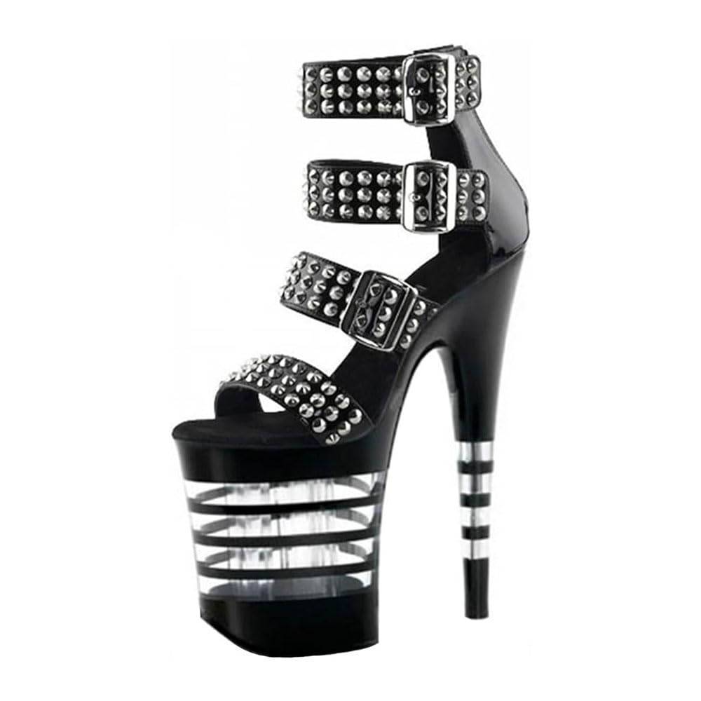 Hyfzxwx Black 20 Cm Fashion Punk Rivet Platform High Heels Sandals Ankle Strap Pumps Sexy Stripper Club Pole Dance Party Shoes Sexy/Black/34Eu