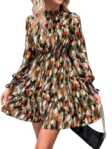 EFJONE Womens Long Sleeve Trendy Allover Print Flounce Sleeve Ruffle Hem Pleated Collar Shirred Dress Short Dresses