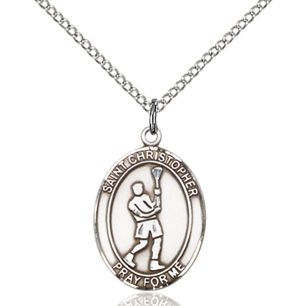 Bonyak Jewelry Saint Medal Collection Custom Engraved Sterling Silver St. Christopher/Lacrosse Pendant 3/4 x 1/2 inches with Sterling Silver Lite Curb Chain