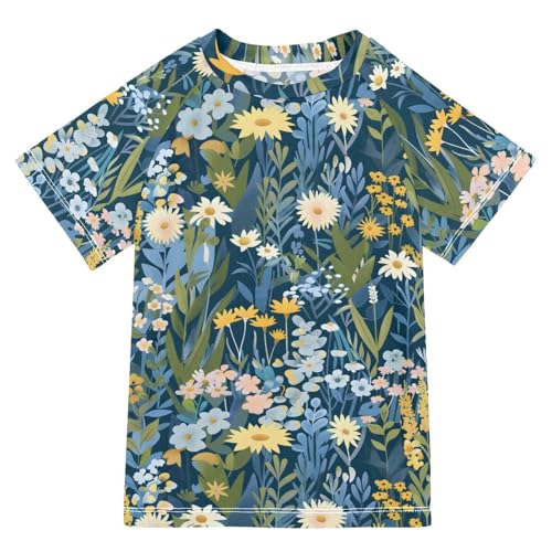 Boys Rash Guard Short Sleeve Swim Shirts for Boys Floral Field Garden Sun Protection 7-8T