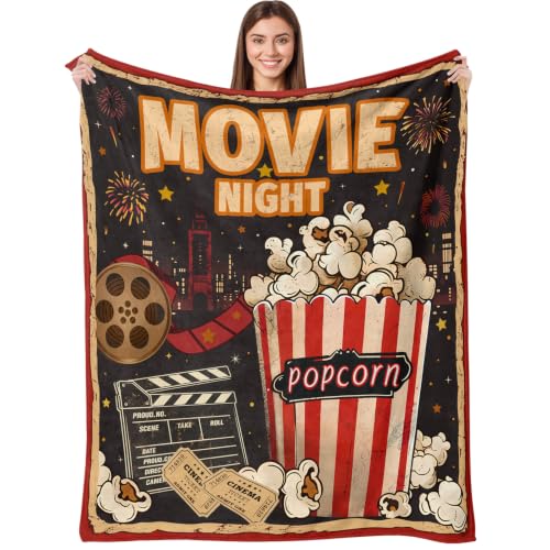 Movie Night Gifts Throw Blanket, Soft Cozy and Warm Couch Blankets for Home Film Cinema Theater Popcorn Decor, Vintage Poster Theme Gift for Adult Women Men Movie Lover. Blue 50×60 inches