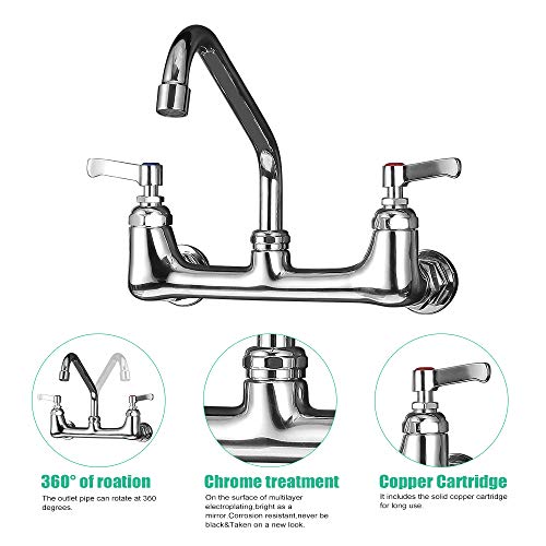 Cwm Wall Mount Kitchen Faucet 8" Center Commercial Faucets With 8 Inch Swivel Spout #TOP2