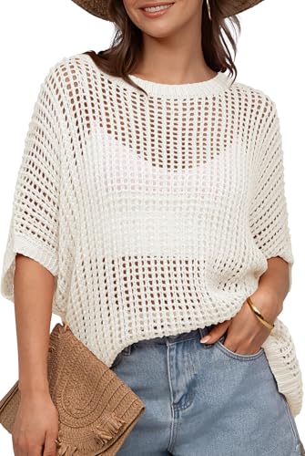 UEU Womens Summer Tops Crochet Short Sleeve Mesh Knit Sweater Shirts Beach Swimsuit Swim Cover Ups 2025 Trendy Outfits