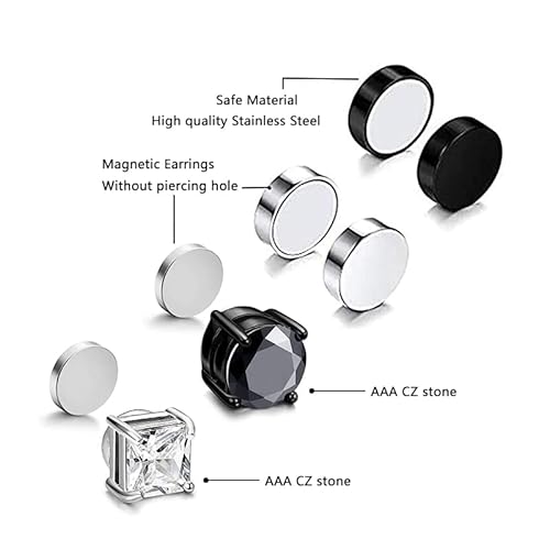 اوريتي 6 ازواج اقراط مغناطيسية للنساء والرجال من الستانلس ستيل، اقراط مغناطيسية بدون ثقب، اقراط مرصعة بالزركونيا المكعب، مجموعة اقراط 6 ملم