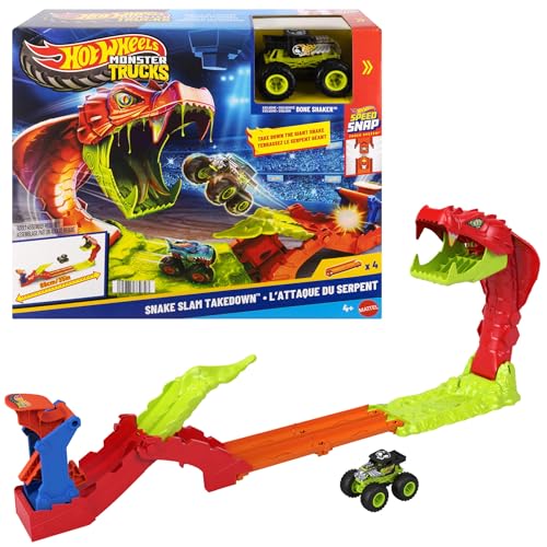 Hot Wheels Monster Trucks derruba a serpente, conjunto de jogo de brinquedo, conjunto de pista com veículo de brinquedo Bone Shaker exclusivo em escala 1:64, inclui pista, JJN44