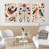 Hunanies Set of 3 Floral Bird Print, Norwegian Folk Art, Nordic Unframed Canvas Art Print, Botanical Wall Art, Vintage Wall Decor, Wall Decor for Living Room, Bedroom (16' x 24' x 3 pcs)