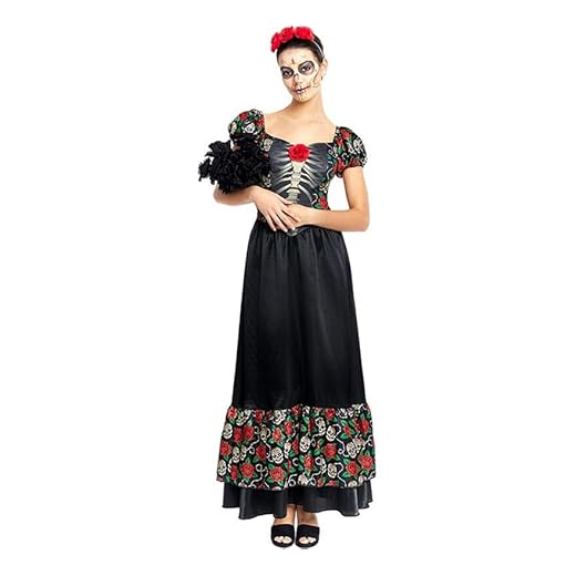 Partilandia Disfraz de Catrina vestido largo negro para mujer (Talla M)