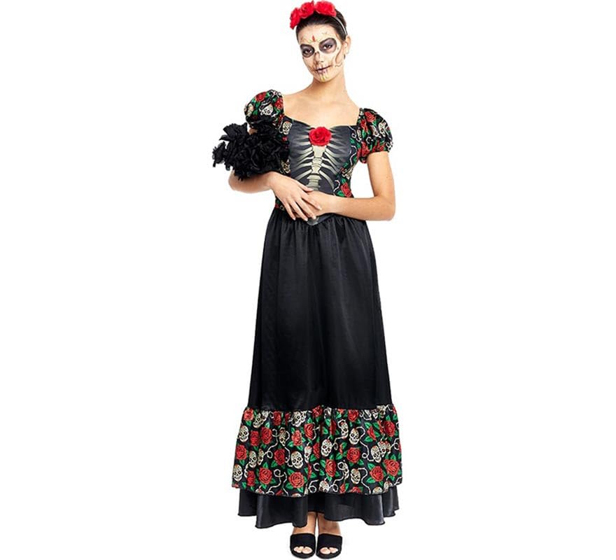 Partilandia Disfraz de Catrina vestido largo negro para mujer (Talla M)