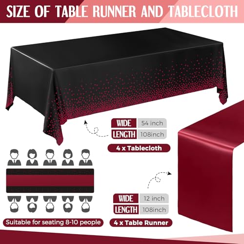 Image of Breling 8 Pack Black and Maroon Disposable Plastic Tablecloths and Satin Table Runner Set, 54 x 108 Inch Tablecloth, 12 x 108 Inch Table Runners for Wedding Graduation Birthday Baby Shower