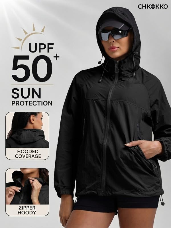 Image of CHKOKKO Sunscreen Jacket For Women With Hood Upf 50+ UV Tan Sun Protection | Wind Proof Lightweight Breathable Quick-dry Water-repellent Fabric | For Gym Sports Running Biking And Dailywear
