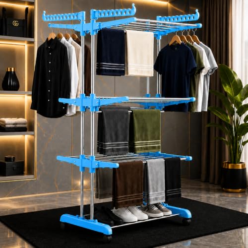 Image of SUNDRY Heavy Duty Rust-Free Stainless Steel 3-Tier Jumbo Cloth Drying Stand | Clothes Dryer Stands | Laundry Racks with Wheels for Indoor | Outdoor | Balcony(Blue)