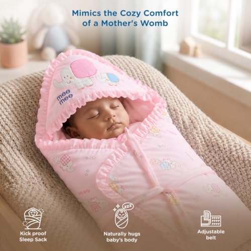 Image of Mee Mee 3-in-1 Baby Wrapper & Carry Nest for Newborns | Soft Breathable Cotton Swaddle with Hood and Cushion | Adjustable Tie-Up Design | Lightweight, Cozy & Easy to Carry (0-6 Months) (Pink)