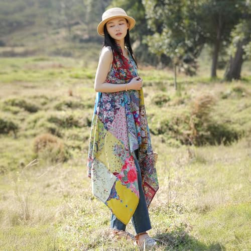 Summer Floral Patchwork Sleeveless Vest Boho Asymmetrical Hem Lightweight Long Cardigan3