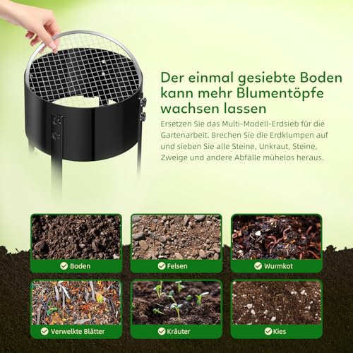 Gifeerory 5-in-1 Gartensieb Handkurbelsieb aus Metall Ø30cm mit 4 Sieben (3/6/9/12mm), Effizientes Sieb für Erde, Steine, Sand, Kompost, Unkraut – Austauschbare Siebe für Gartenarbeit
