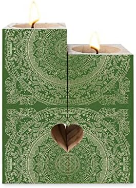 Boho Green Mandala Candle Holders Set, Wooden Tealight Candle Holder Gifts for Women, Vintage Floral Pattern Candlesticks Holder Decor for Wedding Dinning Party