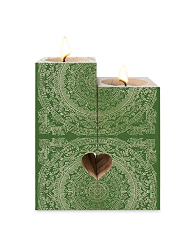Boho Green Mandala Candle Holders Set, Wooden Tealight Candle Holder Gifts For Women, Vintage Floral Pattern Candlesticks Holder Decor For Wedding Dinning Party #TOP13