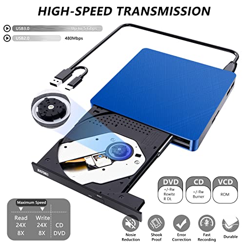 Image of HATOKU External CD /DVD Drive for Laptop (USB 3.0 & USB-C): 8X DVD /24X CD Burner - Portable DVD Player for Laptop - Plug & Play External CD Drive for PC Desktop Windows 11 10 8 7 MacOS Linux (Blue)