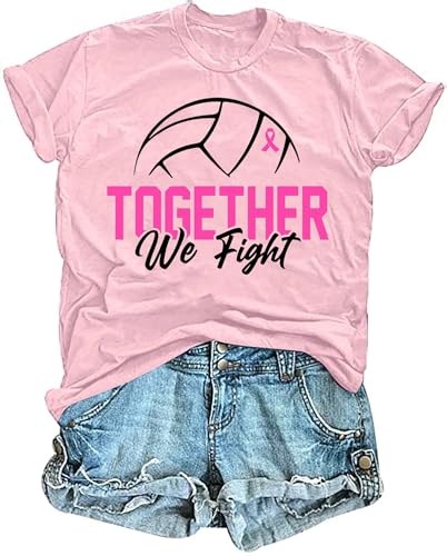 PICKID Breast Cancer Shirts for Women Together We Fight T-Shirts Volleyball Pink Ribbon Graphic Tee Tops