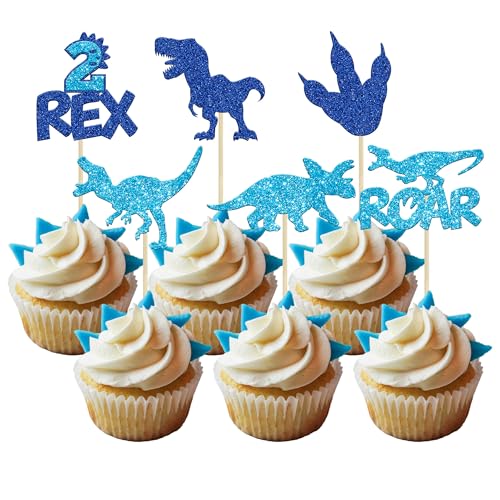 Gyufise 24Pcs Dinosaurio Cupcake Toppers Azul Glitter 2 Rex Rugido Dinosaurio Cupcake Picks Dos Años de Edad Dino Tema Baby Shower 2nd Birthday Party Pastel Decoraciones