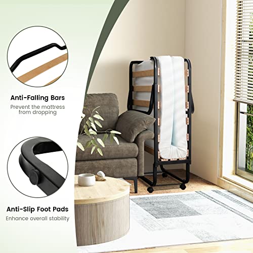Komfott Folding Rollaway Bed With 4” Mattress, Roll Away Guest Bed For Adult, Space-Saving Fold-Up Bed For Easy Storage, Portable Guest Bed With Foam Mattress & Sturdy Steel Frame #TOP4
